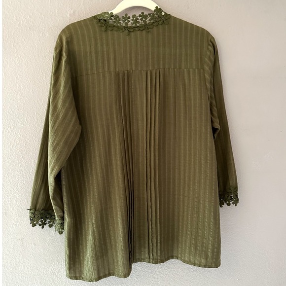 PAPOSON Olive Green Lace Trimmed Embroidered Boho Blouse Shirt Women's‎ Size S - Picture 5 of 5